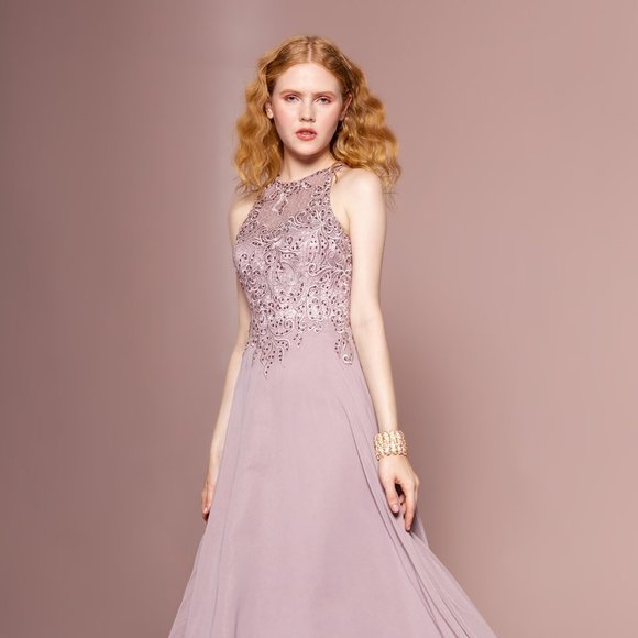 NEW FLOOR LENGTH SLEEVELESS CHIFFON DRESS EMBROIDERED WITH RHINESTONES GL2680